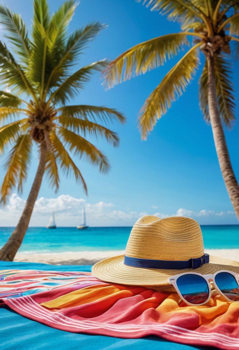 A luxurious yacht sailing on crystal-blue waters with a backdrop of sun-kissed sandy beaches. In the foreground, an array of stylish summer swim attire showcased on vibrant beach towels, creating a colorful and inviting atmosphere. A radiant sun casts a warm glow, enhancing the summer vibe. Playful palm trees sway gently in the breeze, adding tropical flair. Captivating beach accessories like sunglasses and hats scattered around. super-realistic. vibrant colors. summer aesthetic.